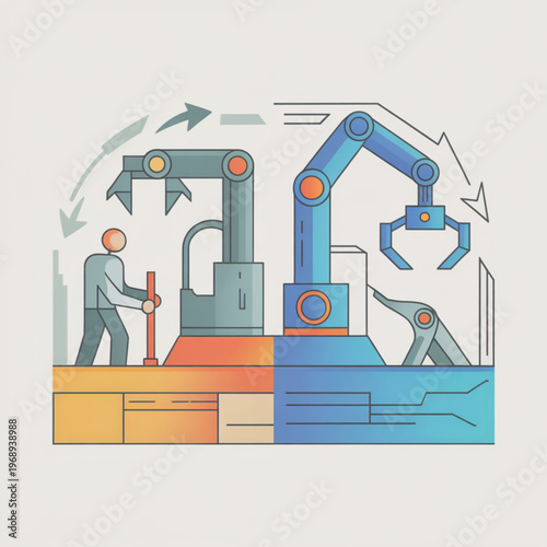 Conceptual illustration of human labor versus industrial automation and robotics