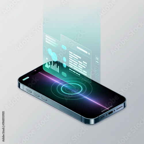 Futuristic smartphone with holographic data interface and digital scanning technology, 3d isometric illustration