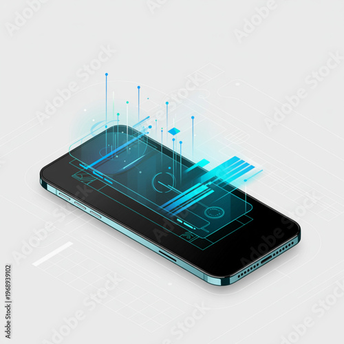 Futuristic smartphone with digital holographic interface and data visualization elements