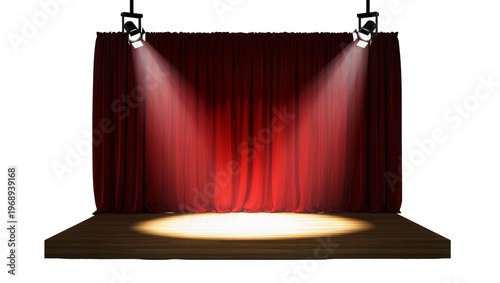 Cuadro en lienzo Red velvet stage curtains with spotlights illuminating wooden floor, isolated on