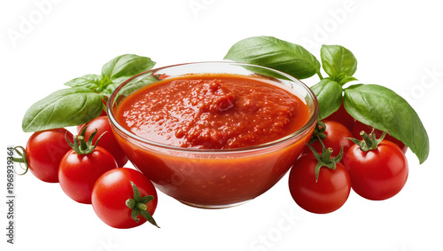 Photos Fresh red tomatoes and basil leaves surrounding a glass bowl of tomato sauce, is