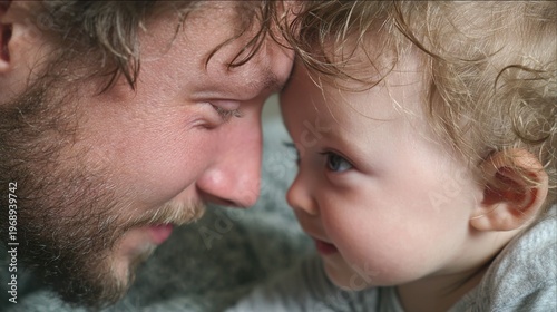 Loving father and baby. Emotional moment, touching faces, showing parenting love.