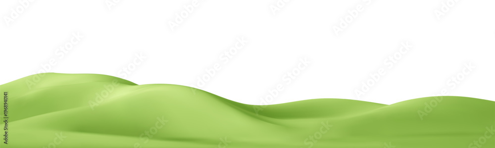 Naklejka premium 3d green hills on abstract cartoon background. 3d spring landscape green mountain, field, meadow, tree. Park scene. Nature podium isolated. Childish cartoon vector illustration
