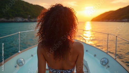 Woman with curly hair enjoys sunset on boat deck. Golden hour light reflects on ocean water. Island hills fade into horizon. Calm sea cruise trip.