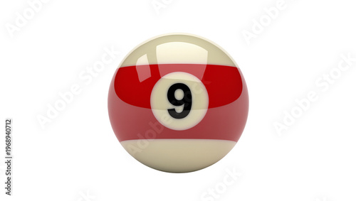 Konstfotografi Nine ball with red stripe and white circle, isolated on transparent background