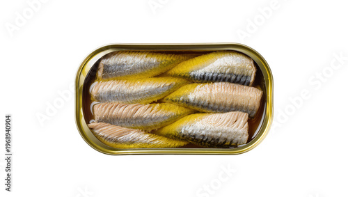 Opened tin can with preserved sardines in oil, isolated on transparent background