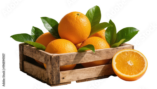 Bild auf Leinwand Fresh oranges with green leaves in a wooden crate half orange slice, isolated on