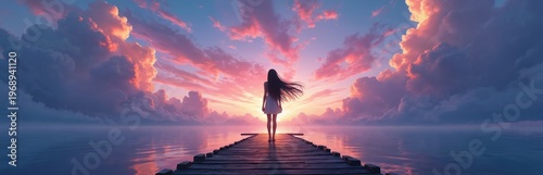 Young woman stands on wooden pier at ocean. Girl observes sunset sky with pink clouds reflection on calm sea water. Peaceful, dreamy atmosphere on water expanse.