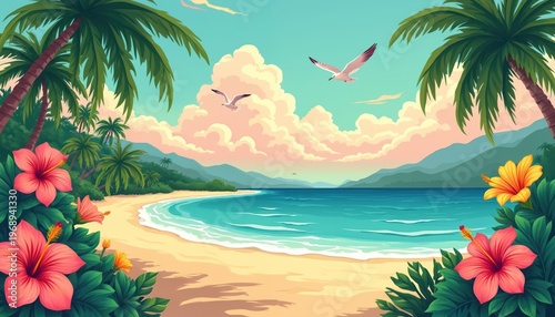 Tropical beach scene with palm trees and hibiscus flowers. Calm ocean waves wash onto sandy shore under a sky with pink clouds. Seagulls fly above distant green mountains.