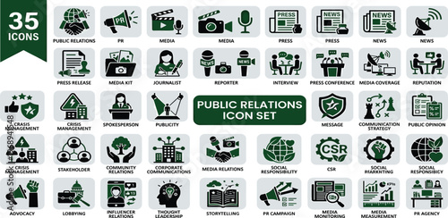 Public Relations and Media Communication Icons Set for Professional Use