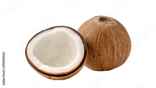 Quadro su tela Whole and halved coconut with white flesh, isolated on transparent background