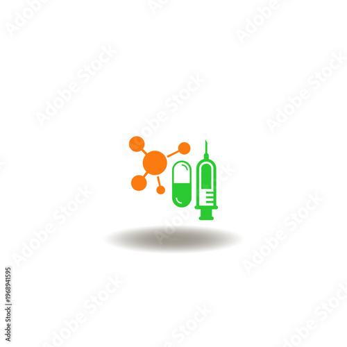 Vector illustration of scientific molecule and pill capsule and syringe. Symbol of development, creation, production drugs.