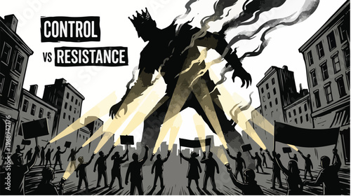Monstrous figure towers over a protesting crowd in a city street with a bold, contrasting illustration style and a sense of tension and conflict.