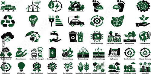 Collection of green energy and sustainability icons representing eco-friendly choices, renewable resources, and environmental protection efforts for a healthier planet