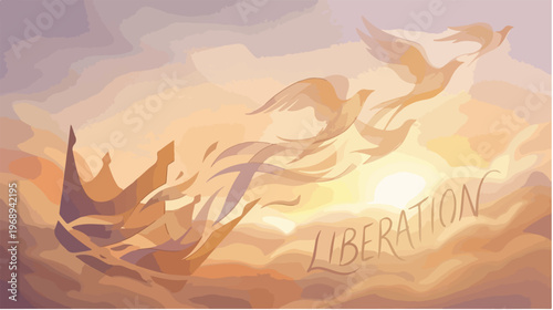 Digital illustration of birds flying out of clouds at sunrise with the word 'LIBERATION' written in a stylized font across the image.