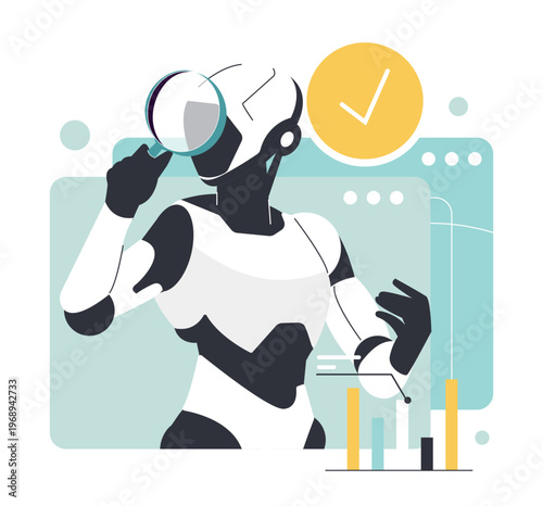 Futuristic Robot Analyzing Data with Magnifying Glass