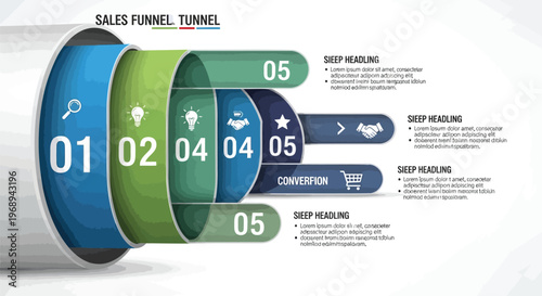 Dynamic sales funnel infographic depicting a multi-stage business process for optimizing customer acquisition, marketing, and conversion strategies with clear numbered steps