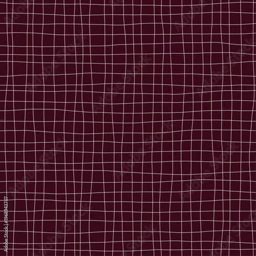 Pale lines on dark wine forming a loose woven gauze grid across the surface. Seamless wine red hand drawn crosshatch texture. Organic freehand background for luxury packaging and formal stationery.