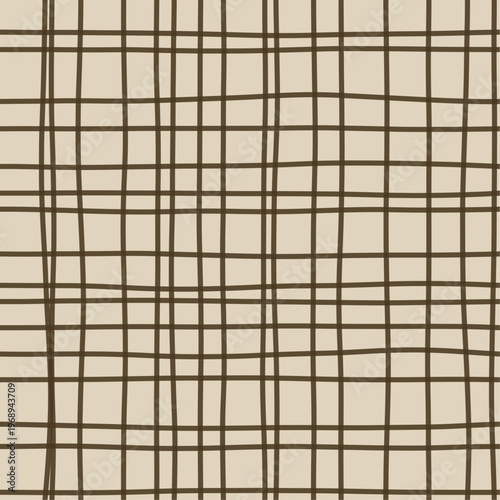 Dark brown strokes on natural hemp forming loose woven gauze grid pattern. Seamless hemp brown hand drawn crosshatch texture. Organic freehand background for craft labels and farmhouse textiles.
