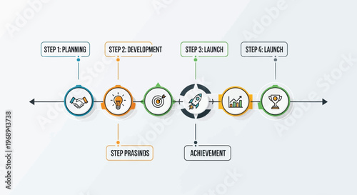 Business infographic timeline with 6 steps, project management workflow diagram, startup launch process vector with planning and achievement icons