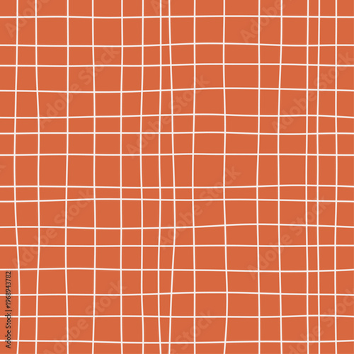 White lines on burnt coral forming loose woven gauze grid pattern. Seamless coral orange hand drawn crosshatch texture. Organic freehand background for tropical stationery and bold interiors.