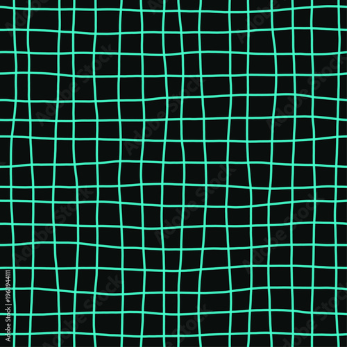 Glowing mint lines on black forming a loose woven gauze grid across the surface. Seamless neon mint hand drawn crosshatch texture. Organic freehand background for tech branding and club event design.