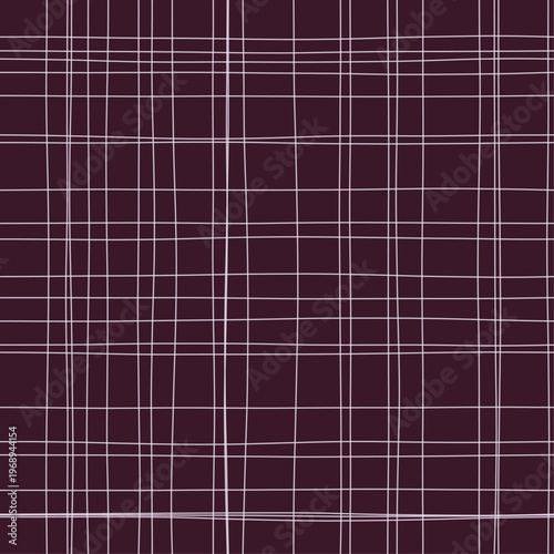 Soft lavender lines on deep plum forming loose woven gauze grid. Seamless lavender mist hand drawn crosshatch texture. Organic freehand background for evening stationery and mood lighting design.