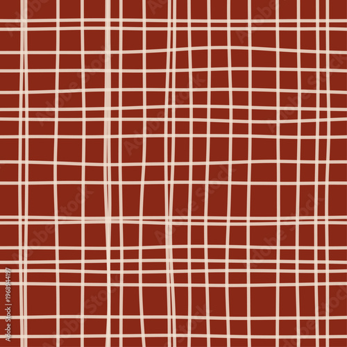 Pale lines on warm paprika forming a loose woven gauze grid across the surface. Seamless paprika red hand drawn crosshatch texture. Organic freehand background for food packaging and kitchen textiles.