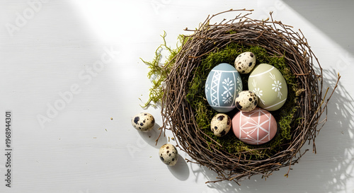 Nest with eggs decorated spring flowers on white wooden background. Easter card with copy space.