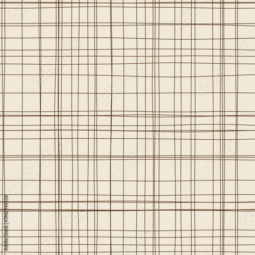 Rich brown strokes on cream forming loose woven gauze grid. Seamless warm brown hand drawn crosshatch texture. Organic freehand pen background perfect for resort stationery and rattan textiles.