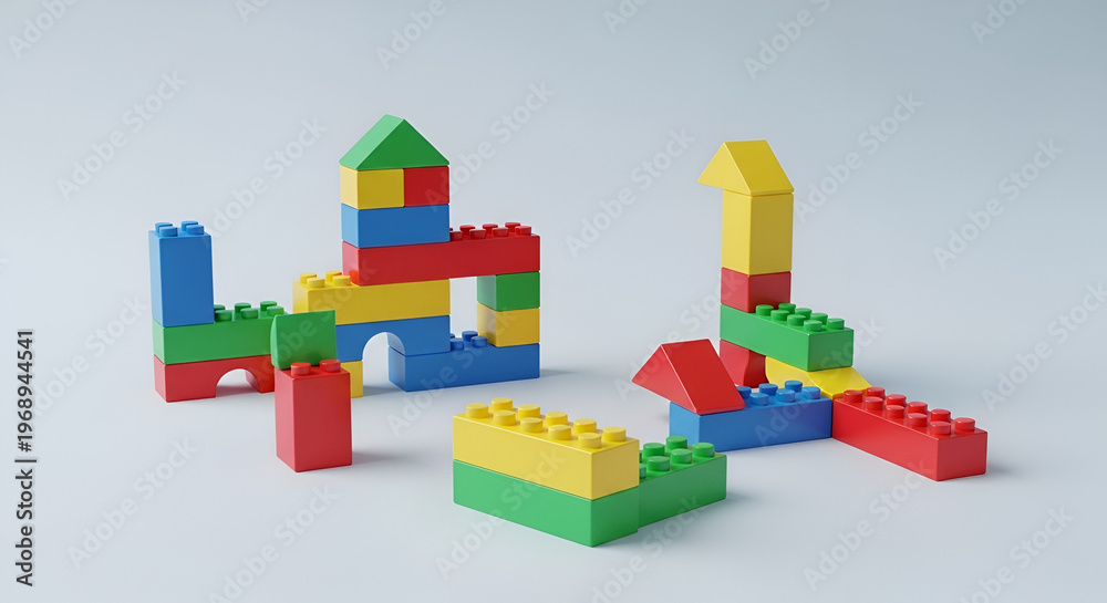 Obraz premium Colorful toy building blocks creating abstract constructions on white backdrop creative kids playtime childhood development educational toys