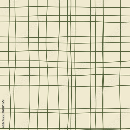 Olive strokes on pale straw forming loose woven gauze grid pattern. Seamless warm sisal hand drawn crosshatch texture. Organic freehand background for harvest packaging and natural textiles.