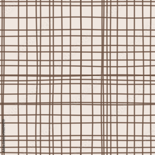 Warm umber earth strokes on cream forming loose woven gauze grid. Seamless raw umber hand drawn crosshatch texture. Organic freehand background for pottery packaging and earth-toned textiles.