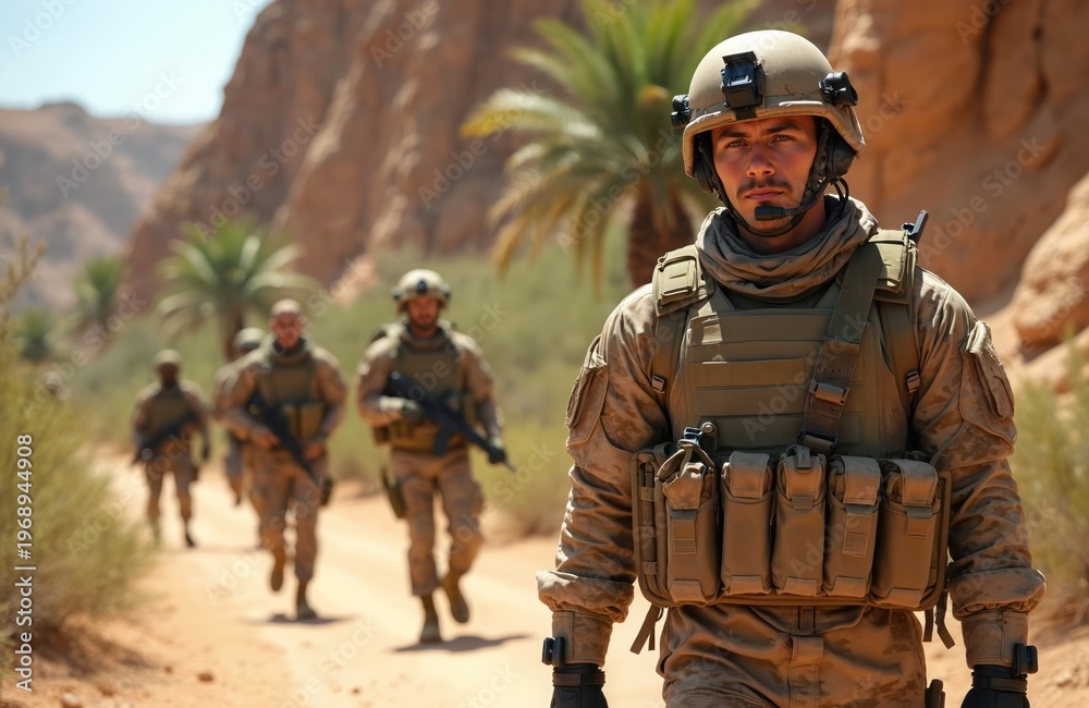 Obraz premium Soldiers in combat gear patrol dusty desert terrain. Military team marches on mission through arid landscape with sparse vegetation. Men wear tactical equipment and carry rifles.