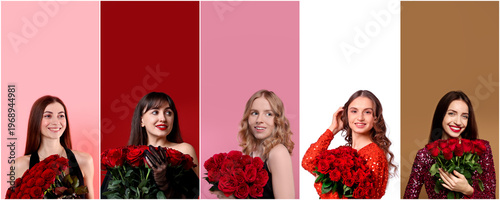 Attractive women with bouquets of roses on colorful backgrounds. Collection of portraits