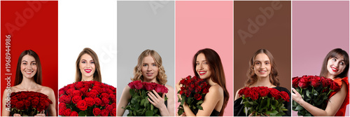 Pretty women with bouquets of roses on colorful backgrounds. Collection of portraits