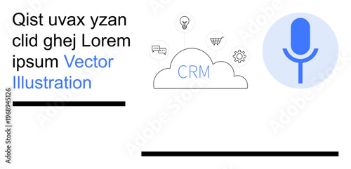 Digital marketing, CRM tools, client interactions, cloud technology, voice recognition, communication. Cloud with CRM label, microphone icon and small digital icons. CRM tools and marketing concept