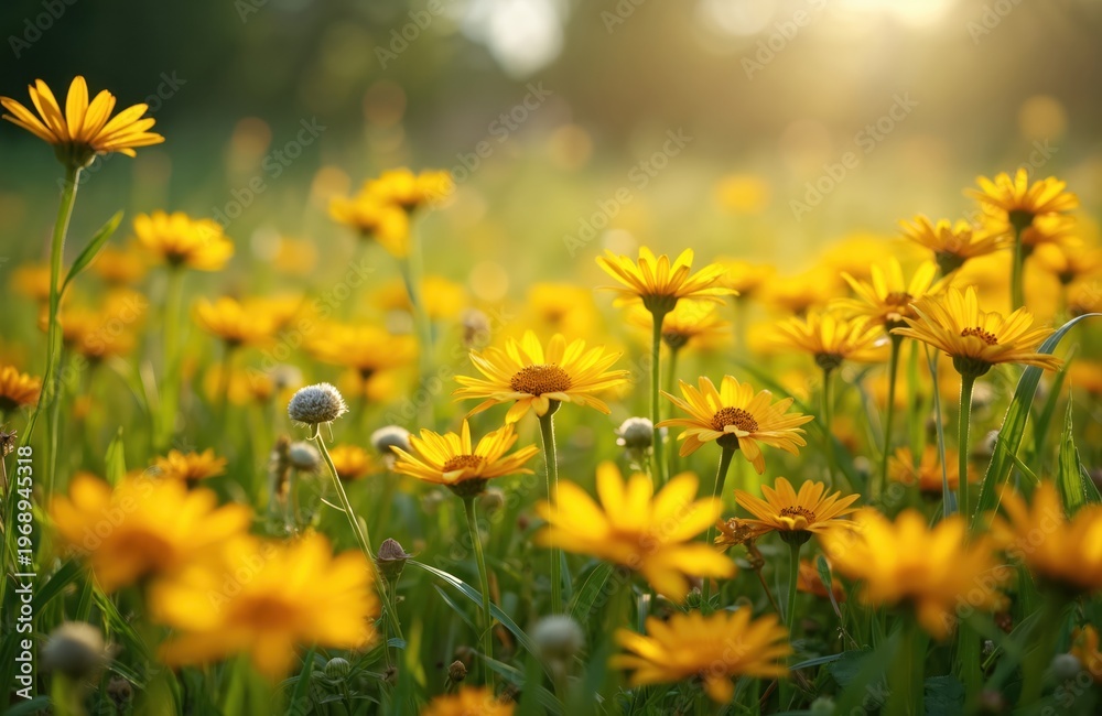Fototapeta premium Field of bright yellow daisies bathed in warm sunlight. Delicate petals unfurl in a meadow creating a vibrant natural scene. Green grass surrounds blooming flowers with soft bokeh background.