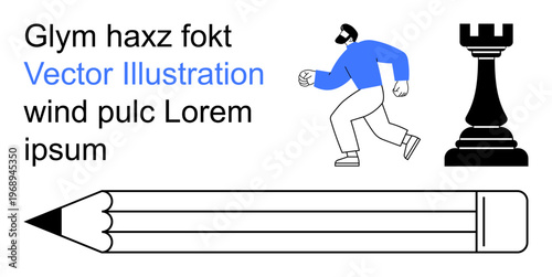 Creativity, strategy, human movement, artistic design, chess concepts, decision-making. a pencil, chess rook and a person walking. Concepts of creativity and strategy illustrated