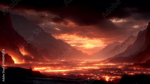 Outdoor exploration adventure. A vivid digital artwork depicts a dramatic landscape at sunset. The sky is painted with fiery oranges, reds, and purples, with dark clouds scattered throughout.