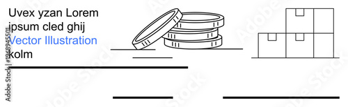 Finance, trade, logistics, e-commerce, wealth management, economy. Illustration of stacked coins and boxes. Finance and trade through monetary symbols and packaged goods