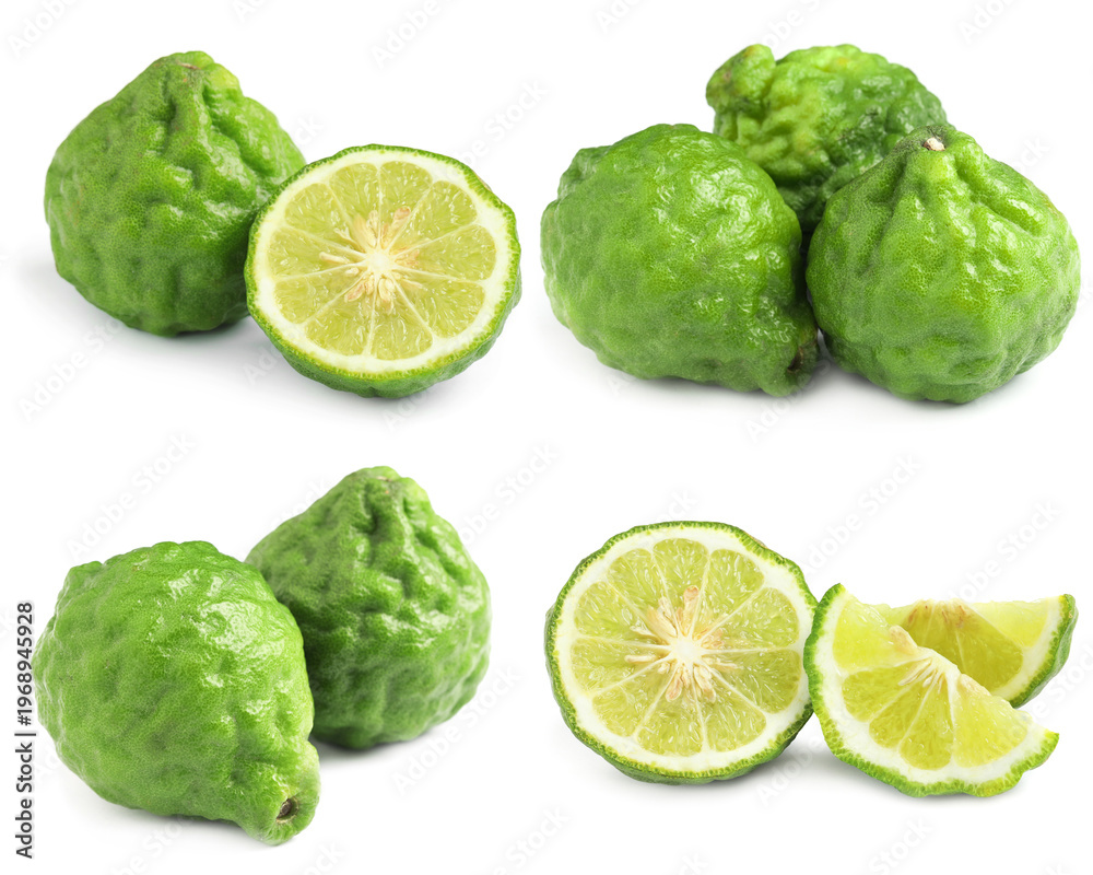 Fototapeta premium Fresh bergamot fruits isolated on white, set. Whole and sliced