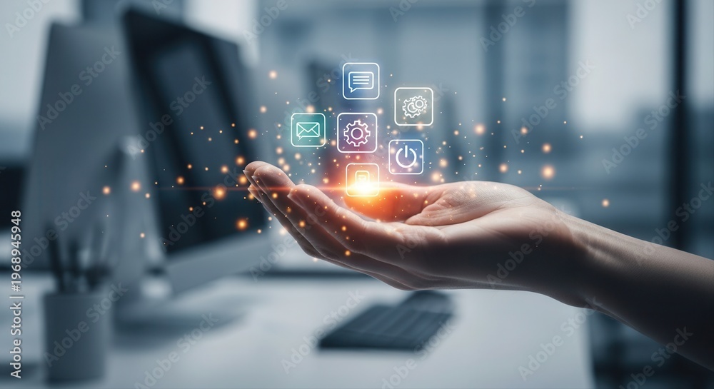 Fototapeta premium Open palm holding minimal glowing UI icons, soft light particles, blurred office background, interface, ui, digital, technology, system, app, icons