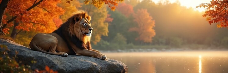 Majestic lion rests on large rock near calm lake during sunset. Autumn trees with orange, red leaves surround scene. Mist rises from water surface creating serene atmosphere. Wild animal in natural