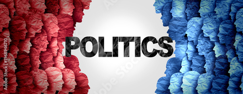 Concept of politics and the tribal nature of political division as left and right wing government philosophy as different social and economic direction divided during an election campaign as two group