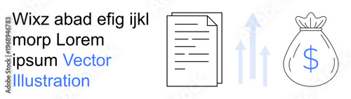Financial reporting, business growth, investment planning, data analysis, wealth management, profit trends. Paper document, dollar bag and upward arrows. Financial reporting and business growth