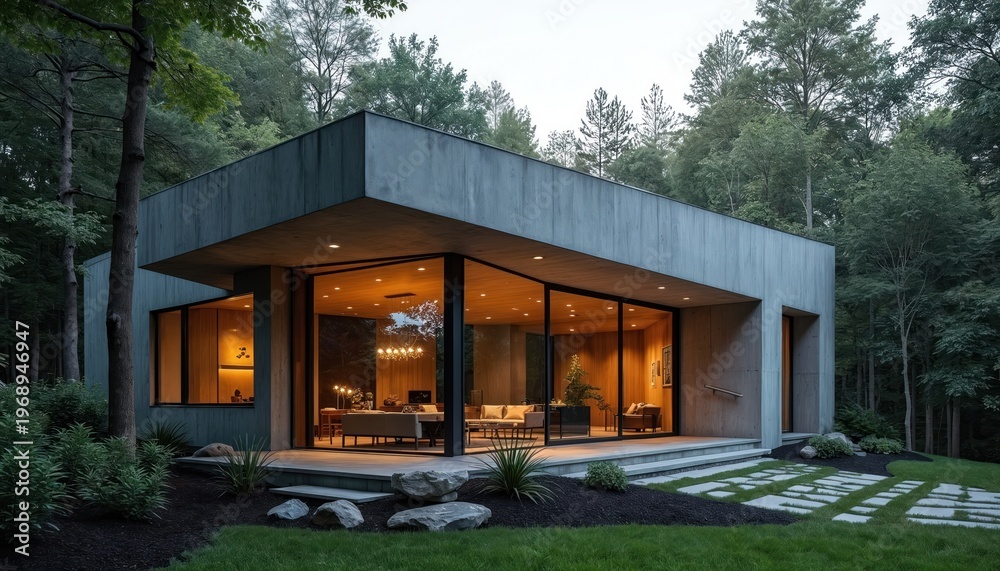 Obraz premium Modern concrete house with large glass walls sits in forest. Interior lights warmly illuminate living spaces, creating cozy retreat. Exterior features stone path leading to welcoming entrance,