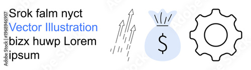 Financial growth, business strategy, data analytics, profitability, investment, productivity. Money bag with dollar sign, upward arrows gear. Financial growth and business strategy concept