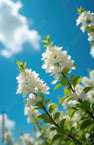 White jasmine blossoms on branches reach towards bright blue sky with fluffy clouds. Rich green leaves surround flowers on sunny day. Nature, spring season, garden.