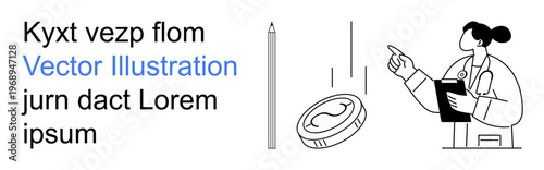 Financial planning, healthcare, analysis, decision-making, budgeting, consultation. A doctor with a clipboard points at a coin and text elements. Healthcare and financial planning visualization